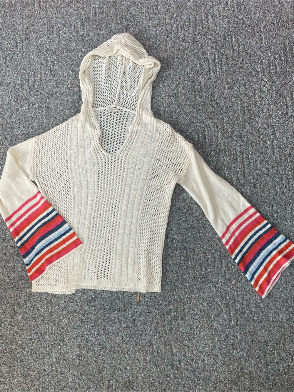 Cream Hooded Open-Knit Sweater with Striped Bell Sleeves